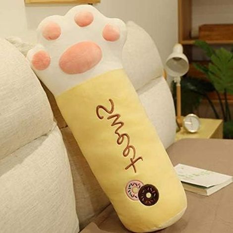 Coussin en duvet et coton, motif patte de chat, long et rayé, jaune, 80 cm (1/3)