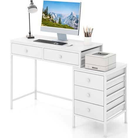 COSTWAY Computer Desk Home Office Desk w/ Side File Cabinet & 5 Drawers-White (1/5)