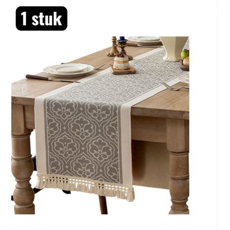 Chemin de table style coton et lin avec motif floral 350 x 35 cm pour décoration de table gris (1/5)