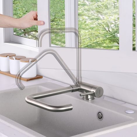 Lonheo Wasserhahn Küche Umklappbar, Spültischarmatur Einhebelmischer 360° Drehbar aus Edelstahl, Vorfenster Küchenarmatur Gebürst mit Abnehmbarem Perlator (1/5)