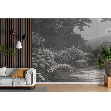 Papier peint paysage - forêt brumeuse noir et blanc - 150 x 250 cm (1/2)