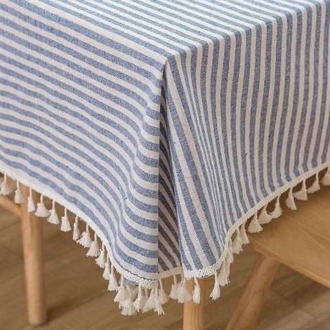 Nappe rectangulaire en coton et lin à rayures et pompons, anti-poussière, idéale pour la cuisine, la salle à manger et la décoration de table (140 cm x 180 cm, bleue). (1/5)