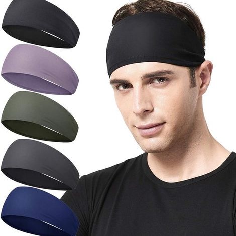 Set di 5 fasce per capelli unisex per sport/palestra e yoga, realizzate in cotone elastico traspirante e ad asciugatura rapida, in tinta unita, ideali per la corsa e il fitness. Colore nero. (1/5)