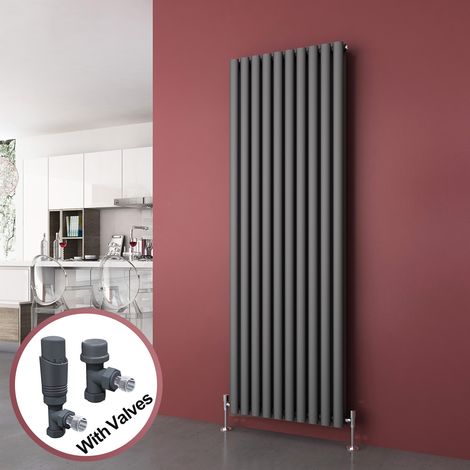 ELEGANT Vertical Column Designer Radiator Anthracite Oval Double Panel Rad 1800 x 590mm + Thermostatic Radiator Valves (1/5)