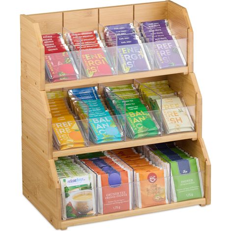 Relaxdays Bamboo Tea Organiser, 12 Compartments, HWD: 36 x 31 x 19 cm, Storage Box for Teabags & Coffee Pods, Natural (1/5)