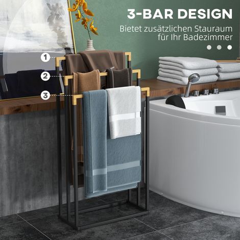 Porte-serviettes 3 barres bambou style industriel 45x22,5x86 cm noir et naturel (1/4)