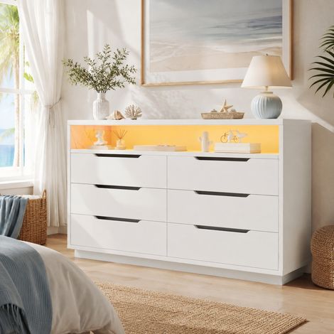 MEUBLIV Credenza bianca 120x40x85 cm – 6 cassetti, LED integrata, vano effetto marmo (1/5)