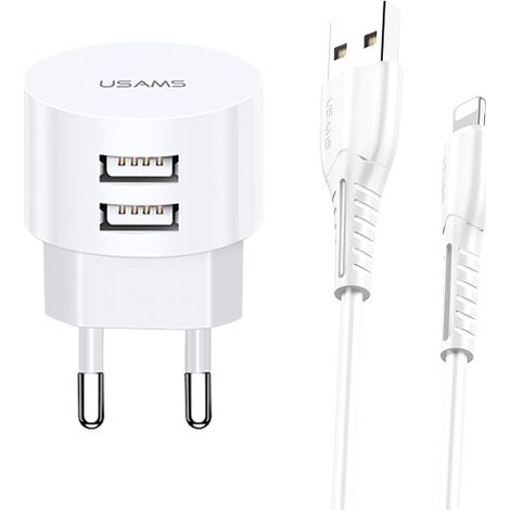 Caricabatterie da parete USAMS 2.1A con ricarica rapida e 2 porte USB, colore bianco. (1/3)