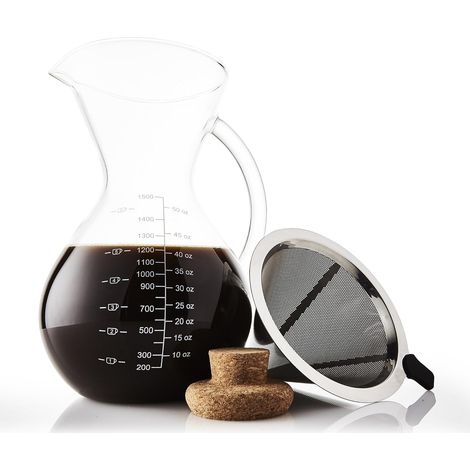 ensemble cafetière pour-over avec mesure à café et bouchon en liège – cafetière goutte-à-goutte élégante avec verseuse en verre et filtre permanent en acier inoxydable (1500 ml) (1/5)