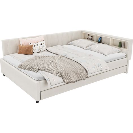 Cama nido 140x200 tapizada en tela beige con cama extraíble, cabecero con estantes, USB y puerto Tipo C, luz LED y somier, sin colchón, para dormitorio  CHICFURN (1/5)