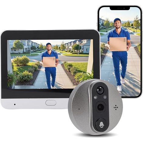 Sonnette de porte sans fil avec caméra et écran de 4,3 pouces, vidéo HD 1080P, vision nocturne, audio bidirectionnel, pour l'application Tuya, pas de WLAN nécessaire, installation simple pour (1/5)