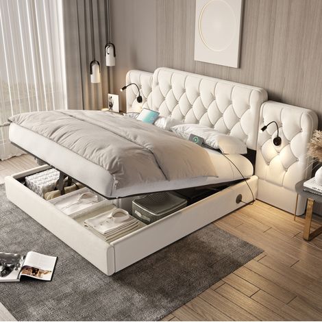 DESVIAE Lit coffre 180 x 200 cm en velours beige avec tête de lit allongée lampes de lecture ports USB et rangement hydraulique (1/5)