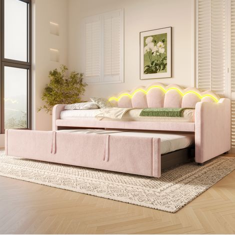 Lit gigogne 90x200 cm rose – tête de lit ondulée, LED intégrée, sans matelas (1/5)