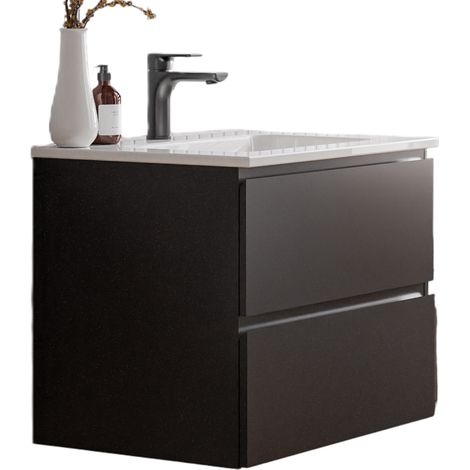 BERNSTEIN - Meuble vasque suspendu MDF Noir mat, lavabos Blanc brillant + trou robinet trop plein & Bonde - 60x46x50cm - AVA (1/5)