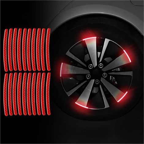 20 Pieces Reflective Wheel Rim Stickers, Waterproof Car Tire Stickers, Night Reflective Safety Stripe Decoration for Car Interior Wheels, Motorcycle (Red) (1/5)