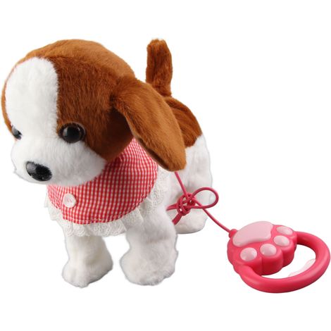 Chiot interactif en peluche électronique avec laisse et télécommande, qui marche et aboie, marron. (1/5)
