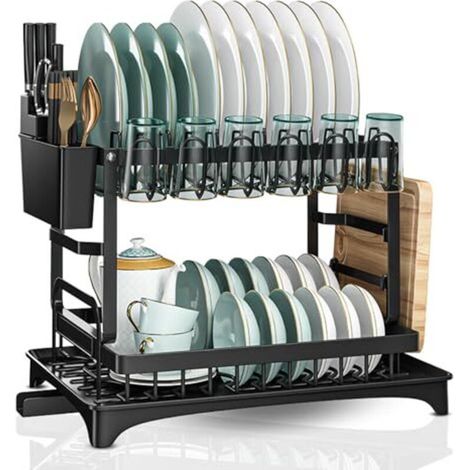 Égouttoir à vaisselle à deux niveaux en métal avec bac d'égouttage automatique, compact et durable. Pour assiettes, verres et couverts. Montage et démontage en quelques secondes pour (1/5)