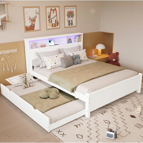 Cama doble 214 x 128,5 x 91,5 cm blanca de madera de pino y MDF, con cama nido (1/5)