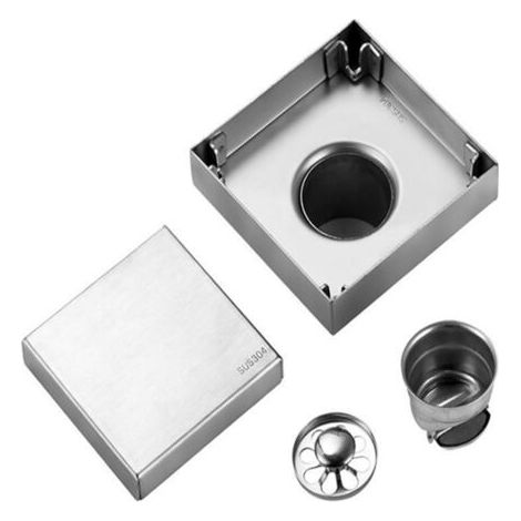 Siphon de Sol de Douche carré avec Filtre en Acier Inoxydable, Kit de Bride à Haut Débit brossé, Couvercle de Grille Amovible et Bride de Cheveux de qualité Alimentaire (Drain de (1/5)
