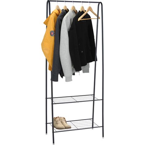 Metall Kleiderständer schwarz mit 2 Ablagen - 152 x 61 cm - Standgarderobe mit Kleiderstange - Bodenkleiderständer Garderobenständer mit Kleiderstange freistehend