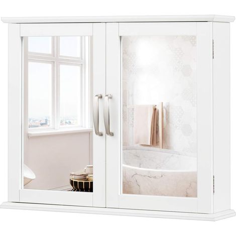 COSTWAY Mueble de Baño Montado a la Pared con Dobles Puertas y Espejo, Organizador Medicamentos 60 x 14,5 x 50 cm (1/5)