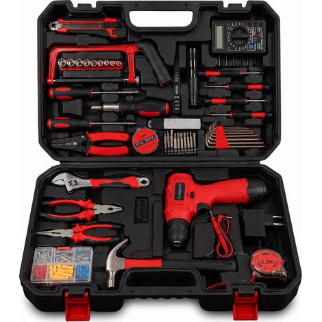 Mallette d'outils avec perceuse sans fil 12V, coffret complet avec multimètre, rouge (1/5)