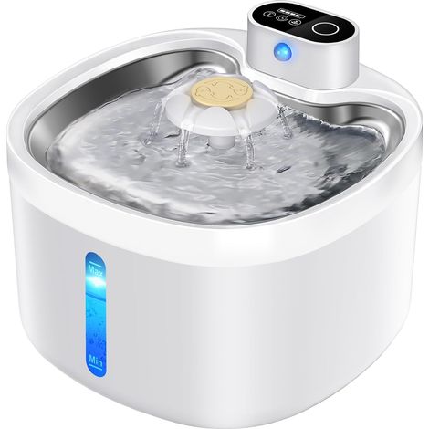 Haustierbrunnen 88oz/2,6L, automatischer Katzenwasser-Smartbrunnen Haustierwasserspender mit Ersatzfiltern für Katzen, Hunde und mehrere Haustiere – Wasserstandsfenster (weiß, Edelstahl, kabellos) (1/5)