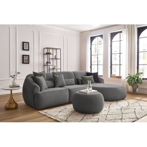 BOBOCHIC - Canapé d'angle fixe ALESIA avec pouf tissu chiné Angle droit  Gris foncé (1/5)