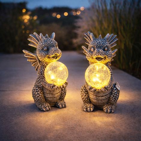 Luce solare drago decorazione giardino animale figura grigio lampada solare globo vetro rotto drago, LED bianco caldo, LxLxH 19x13,5x27,5 cm, set di 2