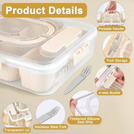Snack Box Boite avec 8 Compartiment Alimentaire + 6 Fourchettes de Table Boîte de Rangement pour Collation avec Couvercle et Poignée Plateau Service Divisé Organisateur Bol Snackle Tray with Lid (1/3)