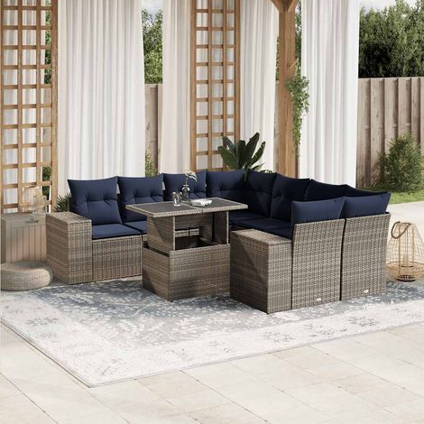 9-teiliges Gartensofa-Set mit Kissen, grau, Polyrattan (1/5)