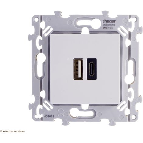 Hager – Prise double USB A+C encastrée – Recharge simultanée de 2 appareils – Installation facile – Compatible gamme Essensya