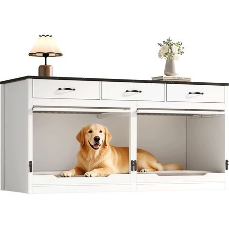 Boîte à chiens en bois-métal, cage à chiens, pour 2 chiens, cabine intérieure pour chiens, avec fermeture à verrouillage, porte rabattable, mur séparateur amovible, 3 tiroirs, blanc & noir, Übergröße,