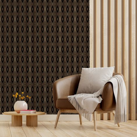 Papier peint intissé pré-encollé - SCANDINAVE ART DÉCO LOSANGES NOIRS ET EFFET DORÉ - 1 rouleau de 300x60cm (1/5)