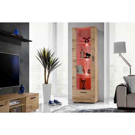 Komodee, Vitrine Armoire Alessandria, Wotan/Wotan, Largeur 60 cm x Hauteur 192 cm x Profondeur 42 cm, LED RGB, 2 étagères, pour Salon, Chambre, Entrée (1/4)