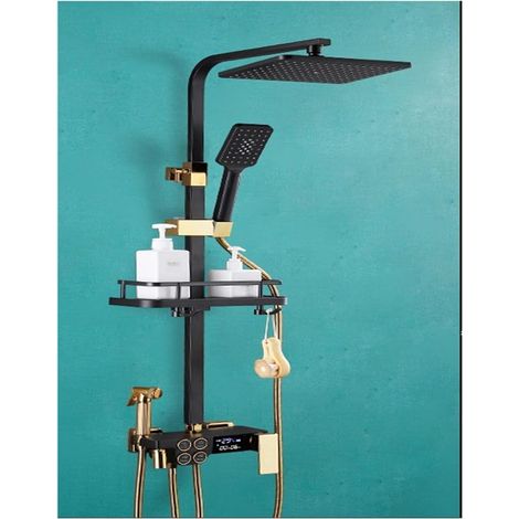 Ensemble de douche mitigeur thermostatique intelli Ensemble de douche noir en cuivre complet for salle de bain, bouton à double rangée, affichage numérique thermostatique, douche à main à 4 vitesses ( (1/5)
