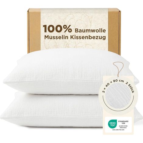 Lot de 2 taies d'oreiller en mousseline 40 x 80 cm - 100 % coton - 40 x 80 cm - 2 taies d'oreiller en mousseline avec fermeture éclair - Taies d'oreiller d'été blanches (1/5)