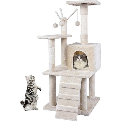 Mucola – Arbre à chat 121 cm beige – Poteaux en sisal pour grattage – Grotte confortable et échelle intégrée – Stable et durable (1/5)