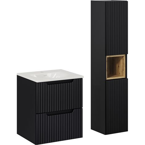 Conjunto de muebles con lavabo individual encastrado 50 cm 2 cajones y columna Riva Negro y Madera