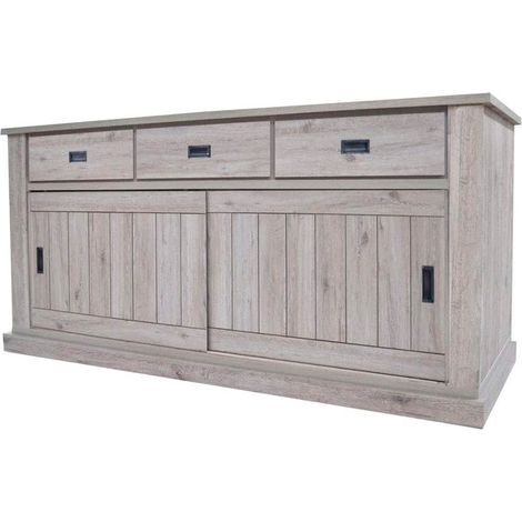 Credenza Soggiorno 3 Cassetti 2 Ante Scorrevoli 4 Ripiani Interni Mobile Buffet Madia Dispensa Cucina Zona Living Design Classico Moderno 220 x 50 x 95 Cm Colore Rovere Alaska