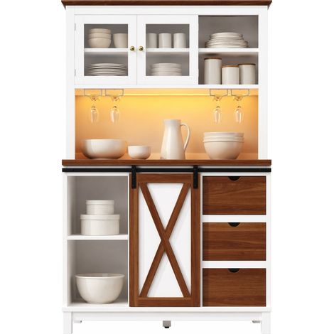 Buffet haut de cuisine LED avec porte coulissante, 3 tiroirs, étagères réglables et façade verre, hauteur ergonomique 92 cm, blanc, MDF et métal – CHICFURN (1/5)