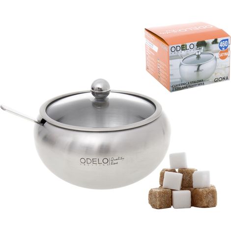 Azucarero, azucarero de acero con cuchara y tapa de cristal, Giona, acero inoxidable satinado (1/4)