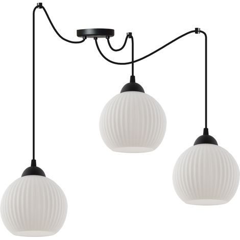 LAMPE À SUSPENSION SPIDER RIFFLE NOIRE 3 PLAQUES ABAT-JOUR BLANC BOULE E27 (1/5)
