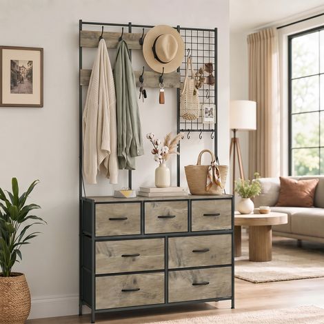 Porte-manteau d entree 4 en 1, 8 crochets fixes, 6 crochets en S amovibles, etagere large, commode 7 tiroirs en tissu lin (4 grands, 3 petits), panneau grillage, design industriel bois gris acier noir (1/2)