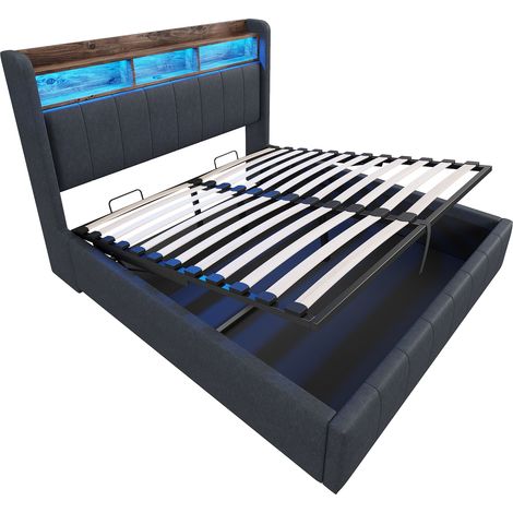 Cama tapizada 140 x 200 cm gris con LED, USB, almacenaje y arcón hidráulico (1/5)