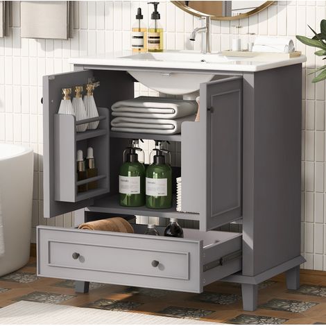 meuble rangement armoire tiroirs 76x46x87cm céramique gris OKMYHOME (1/5)