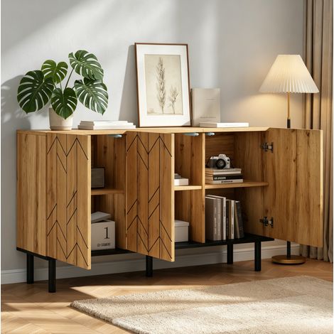 Aparador 120x35x70 cm color madera natural en tablero de partículas con 3 puertas y patas metálicas (1/5)