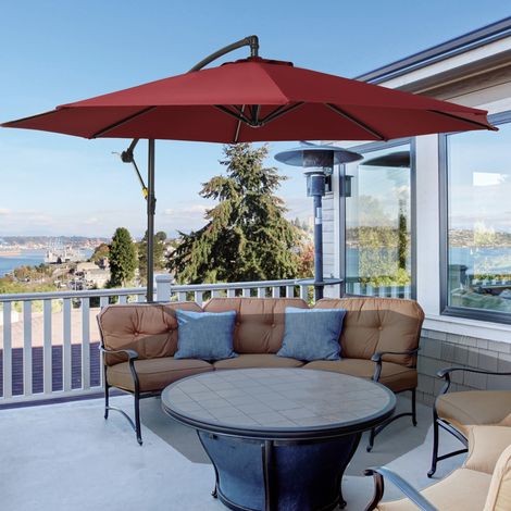 Sombrilla de Jardín Ø295 cm Parasol Excéntrico Inclinable con Manivela Base Cruzada y Soporte de Acero Granate (1/5)