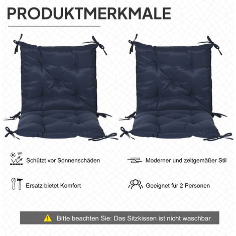 Lot de 2 coussins de chaise, 98 x 50 cm, avec liens de fixation, housse en tissu, épaisseur 8 cm, bleu foncé (1/4)
