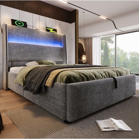DESVIAE Lit simple hydraulique avec tête de lit haute LED rangement USB Type C 90 x 200 cm gris avec matelas ressorts ensachés 7 zones en lin et métal (1/5)